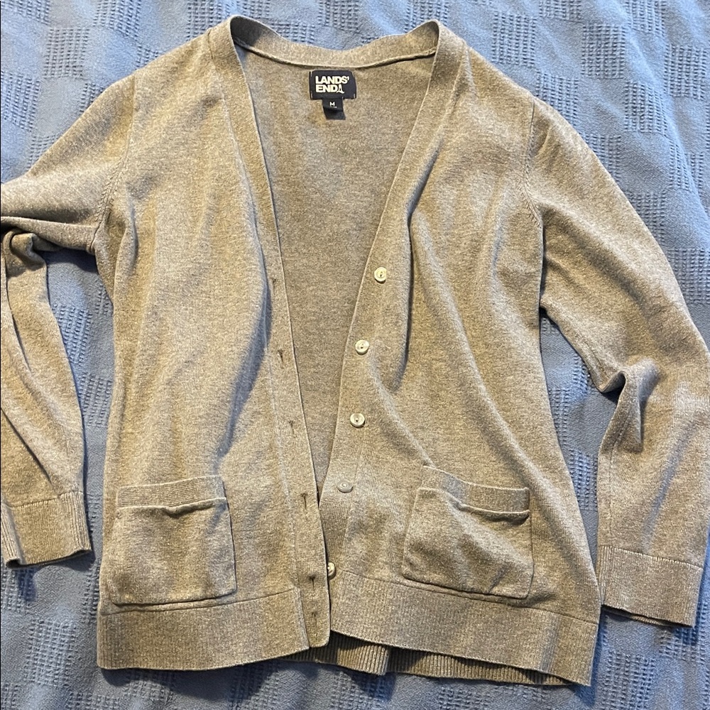 Lands' End Light Gray Button-Up Cardigan